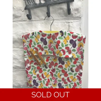 Lined White Floral Peg Bag, Cotton Laundry Bag includes a Wood Hanger